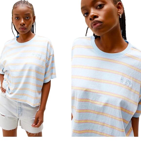 EUC Billabong Feeling Free Cropped Boxy Tee Light Blue Retro Stripes Womens Med - Picture 2 of 13